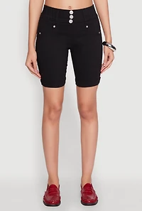 Womens Hyper Stretch Faux Button Bermuda Shorts, Black, Size S
