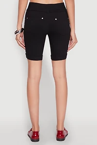 Womens Hyper Stretch Faux Button Bermuda Shorts, Black, Size S