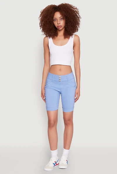 Womens Hyper Stretch Faux Button Bermuda Shorts,