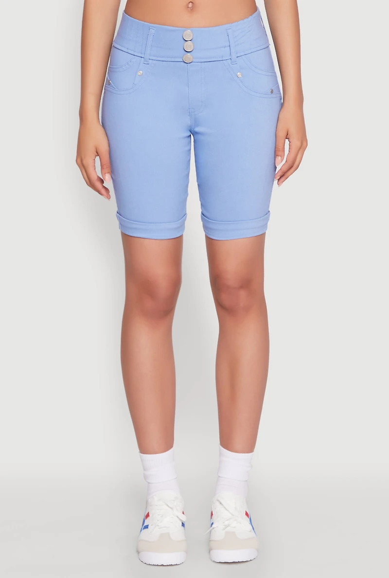 Womens Hyper Stretch Faux Button Bermuda Shorts,