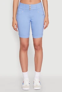 Womens Hyper Stretch Faux Button Bermuda Shorts, Blue,