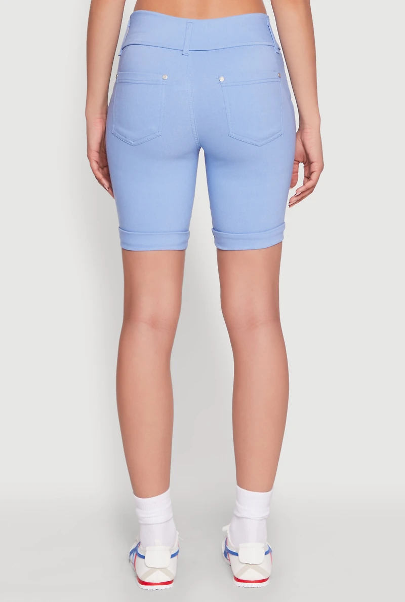 Womens Hyper Stretch Faux Button Bermuda Shorts,