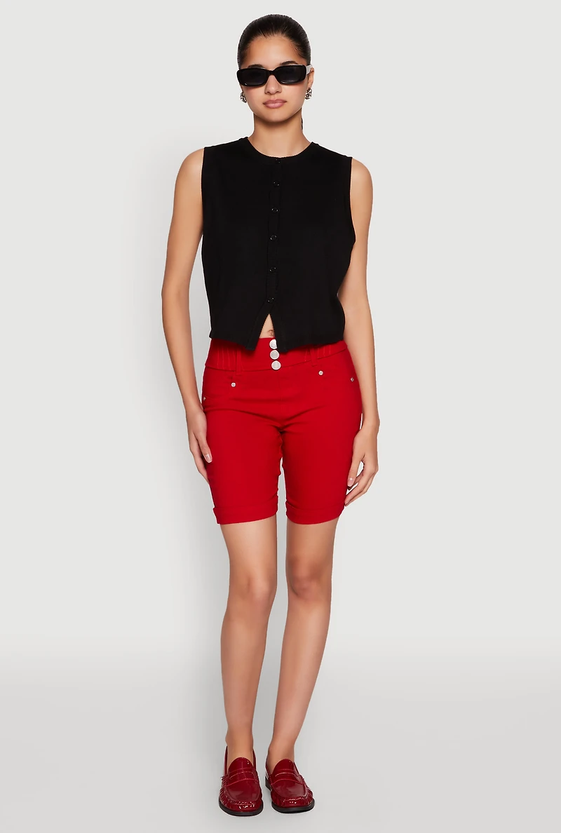 Womens Hyper Stretch Faux Button Bermuda Shorts, Red, Size M