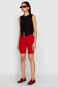 Womens Hyper Stretch Faux Button Bermuda Shorts, Red, Size M