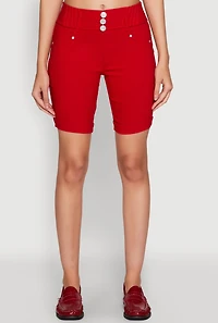 Womens Hyper Stretch Faux Button Bermuda Shorts, Red, Size M
