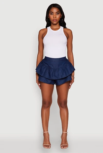 Stylish Chambray Tiered High Waisted Ruffle Shorts