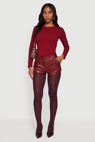 Womens Trendy Faux Leather Pleated Shorts, Burgundy, Size XL