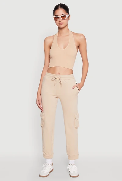 Womens Fleece Cargo Drawstring Joggers, Khaki, Size L
