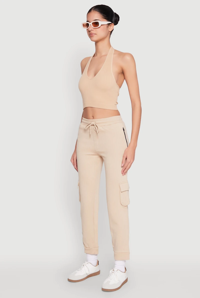 Womens Fleece Cargo Drawstring Joggers, Khaki, Size L