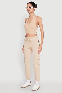 Womens Fleece Cargo Drawstring Joggers, Khaki, Size L