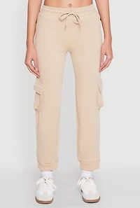 Womens Fleece Cargo Drawstring Joggers, Khaki, Size L