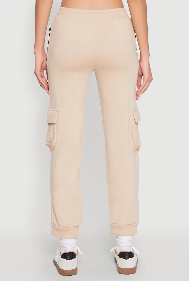 Womens Fleece Cargo Drawstring Joggers, Khaki, Size L
