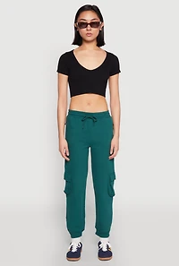 Womens Fleece Cargo Drawstring Joggers, Green, Size L