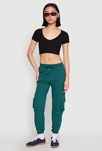 Womens Fleece Cargo Drawstring Joggers, Green, Size L