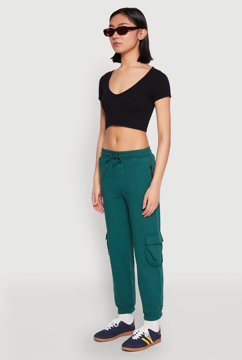 Womens Fleece Cargo Drawstring Joggers, Green, Size L