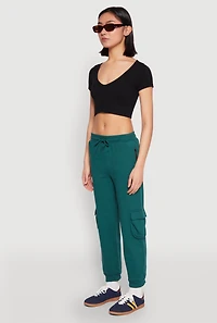 Womens Fleece Cargo Drawstring Joggers, Green, Size L
