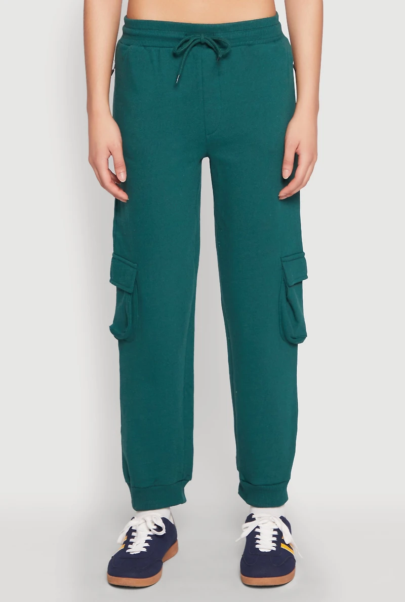 Womens Fleece Cargo Drawstring Joggers, Green, Size L