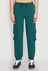 Womens Fleece Cargo Drawstring Joggers, Green, Size L