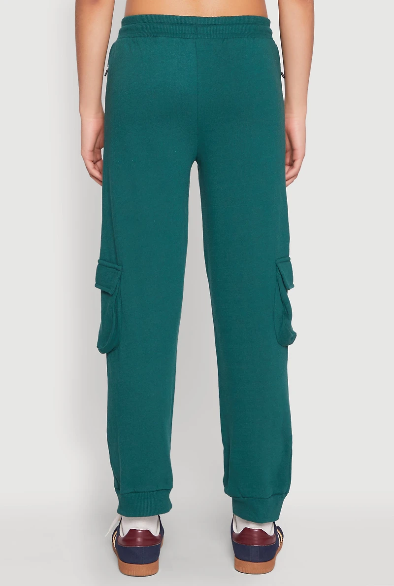 Womens Fleece Cargo Drawstring Joggers, Green, Size L