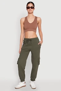Womens Fleece Cargo Drawstring Joggers, Green,