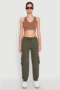 Womens Fleece Cargo Drawstring Joggers, Green,