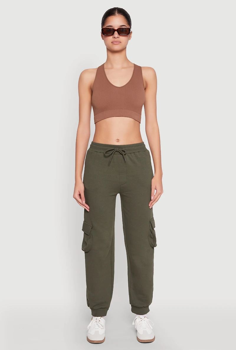 Womens Fleece Cargo Drawstring Joggers, Green,