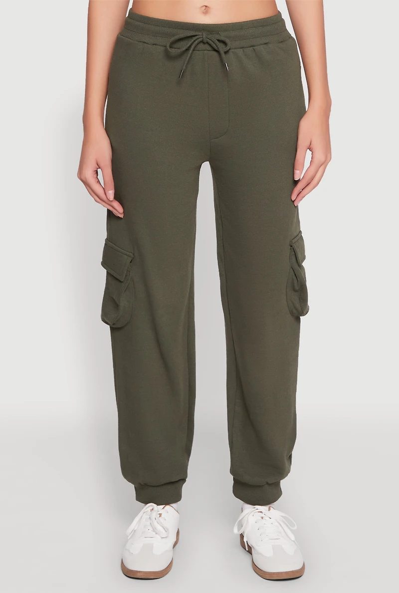 Womens Fleece Cargo Drawstring Joggers, Green,