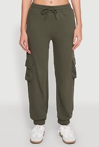 Womens Fleece Cargo Drawstring Joggers, Green,