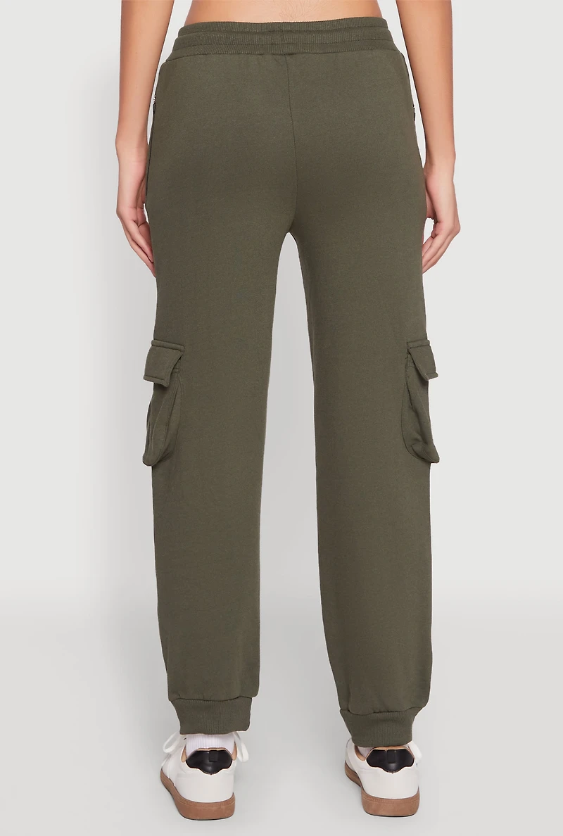 Womens Fleece Cargo Drawstring Joggers, Green,