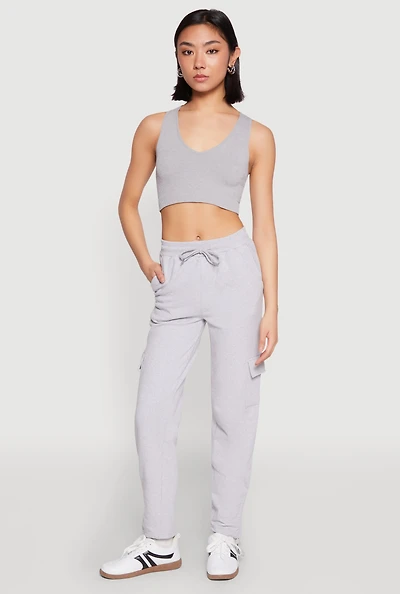 Womens Fleece Ruched Hem Cargo Sweatpants, Grey, Size M