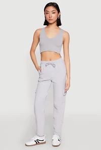 Womens Fleece Ruched Hem Cargo Sweatpants, Grey, Size M