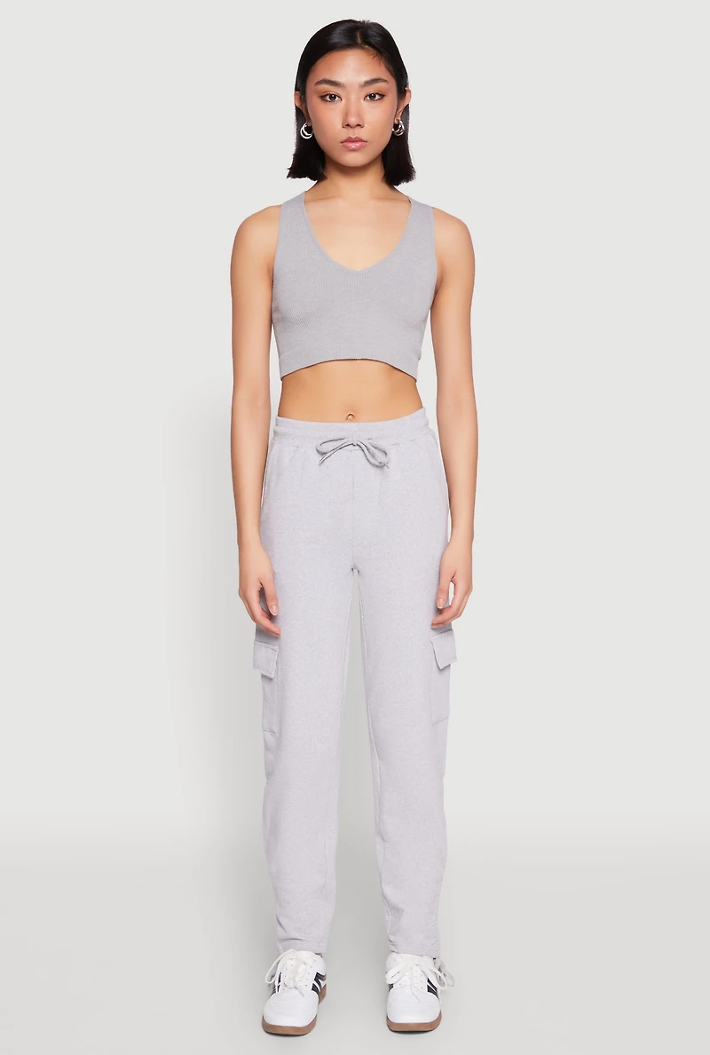 Womens Fleece Ruched Hem Cargo Sweatpants, Grey, Size M