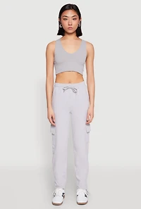 Womens Fleece Ruched Hem Cargo Sweatpants, Grey, Size M
