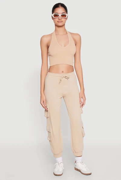 Womens Fleece Ruched Hem Cargo Sweatpants, Khaki, Size S