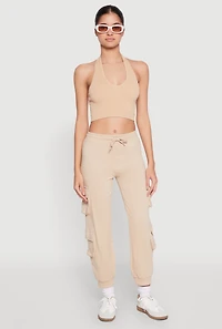 Womens Fleece Ruched Hem Cargo Sweatpants, Khaki, Size S