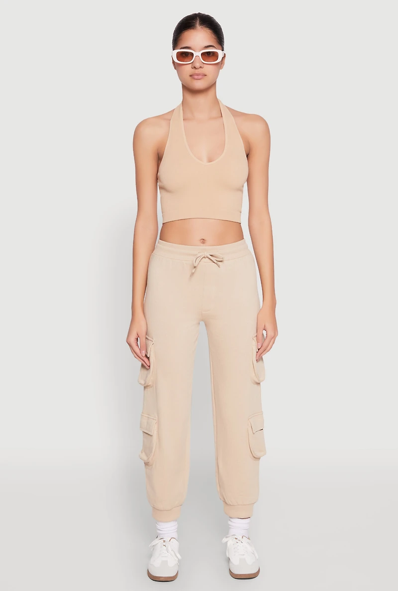 Womens Fleece Ruched Hem Cargo Sweatpants, Khaki, Size S