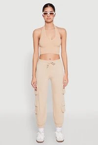 Womens Fleece Ruched Hem Cargo Sweatpants, Khaki, Size S