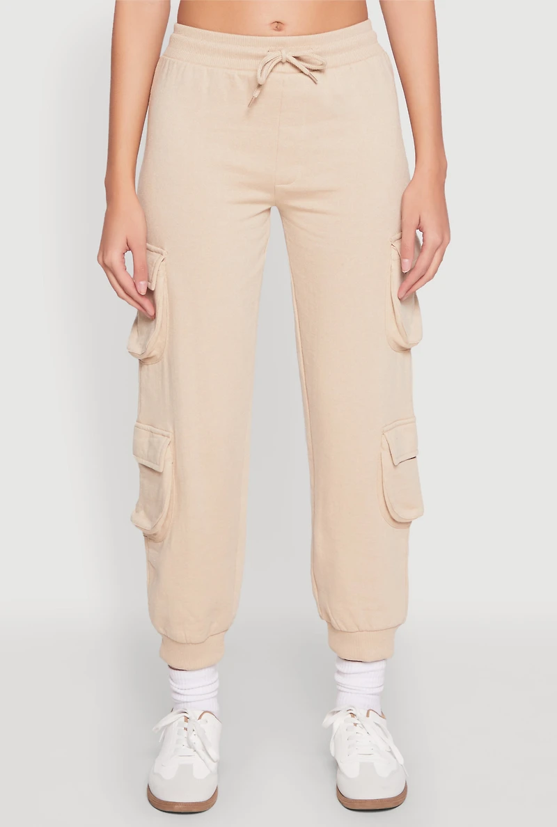Womens Fleece Ruched Hem Cargo Sweatpants, Khaki, Size S