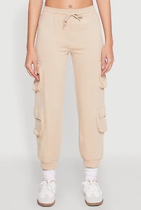 Womens Fleece Ruched Hem Cargo Sweatpants, Khaki, Size S