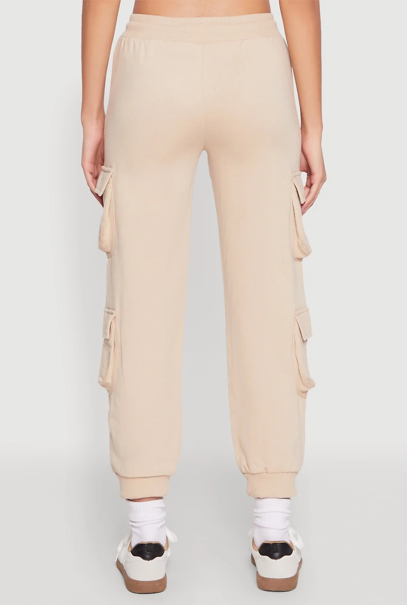 Womens Fleece Ruched Hem Cargo Sweatpants, Khaki, Size M