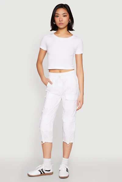 Womens Toggle Drawstring Hem Cargo Capris, White, Size S
