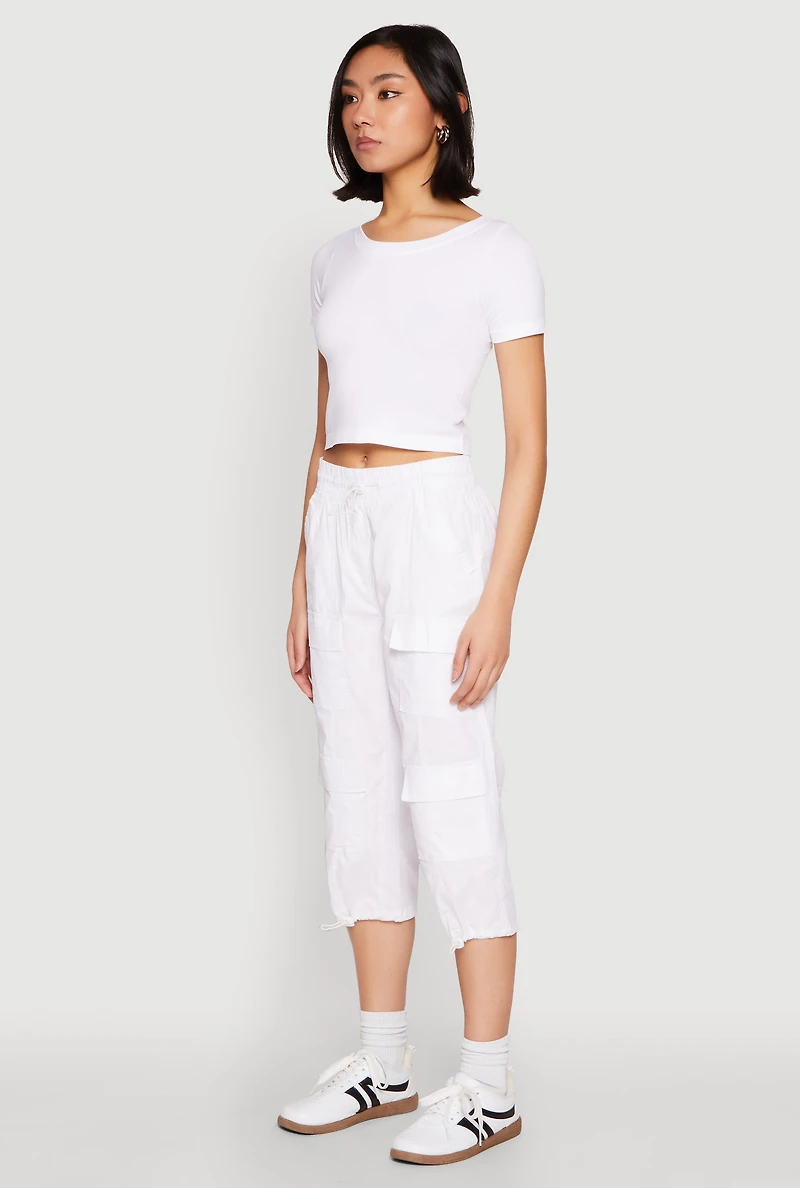 Womens Toggle Drawstring Hem Cargo Capris, White, Size S