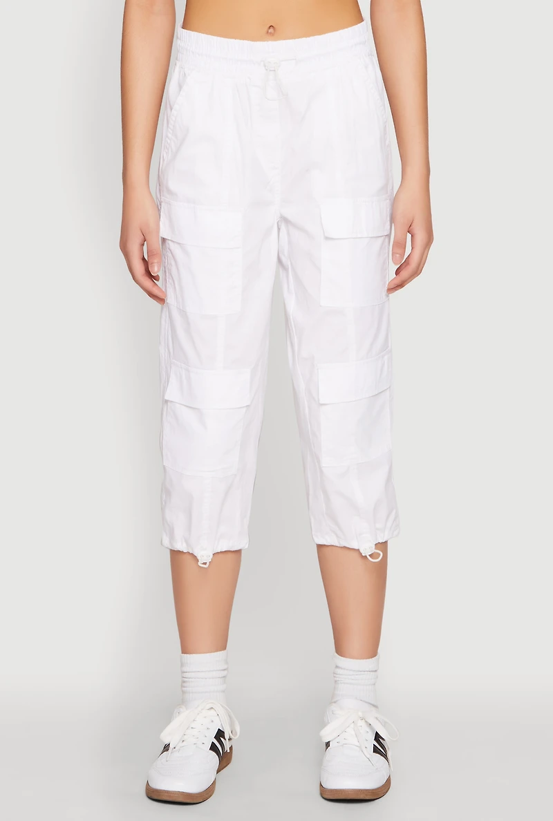 Womens Toggle Drawstring Hem Cargo Capris, White, Size S