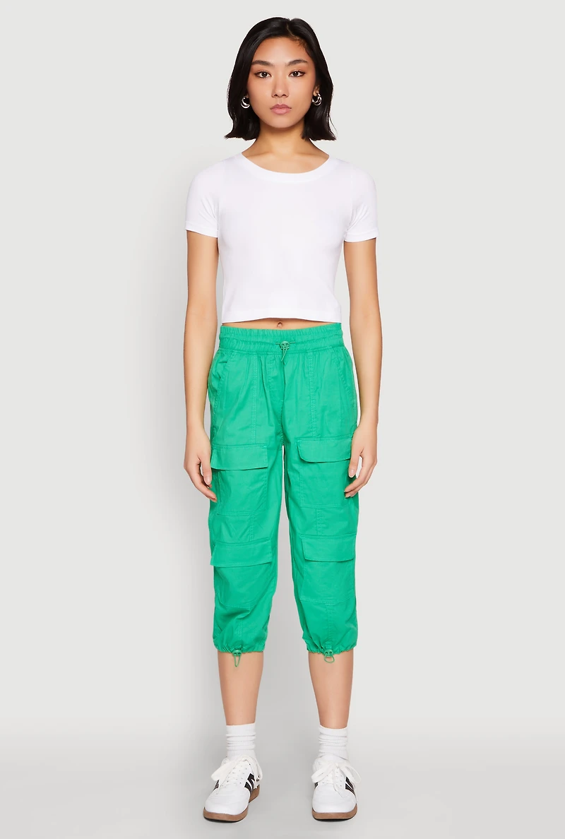 Womens Toggle Drawstring Hem Cargo Capris, Green, Size M