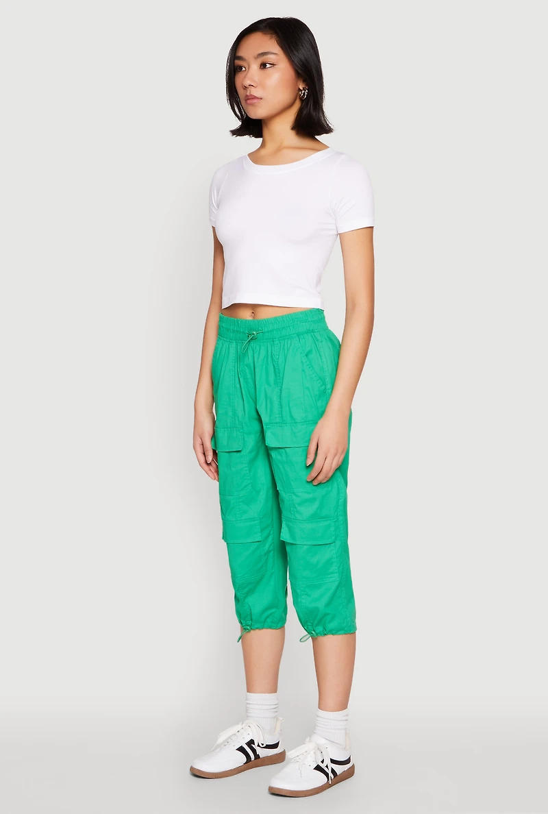 Womens Toggle Drawstring Hem Cargo Capris, Green, Size M