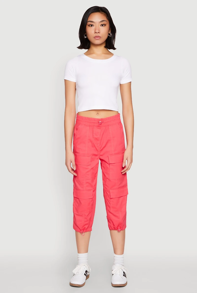 Womens Toggle Drawstring Hem Cargo Capris, Pink, Size S