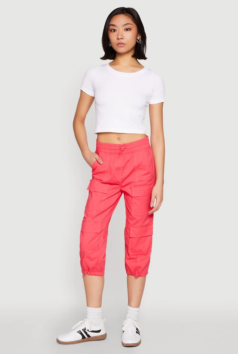 Womens Toggle Drawstring Hem Cargo Capris, Pink, Size S