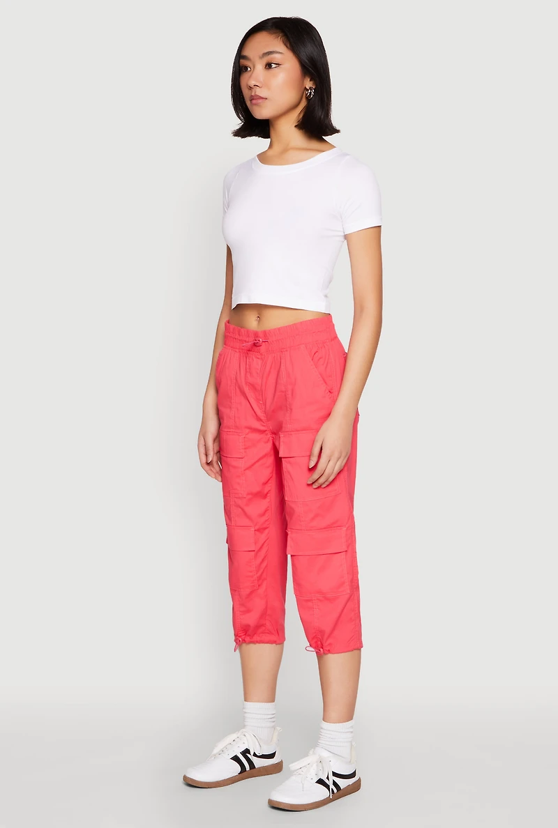 Womens Toggle Drawstring Hem Cargo Capris, Pink, Size S