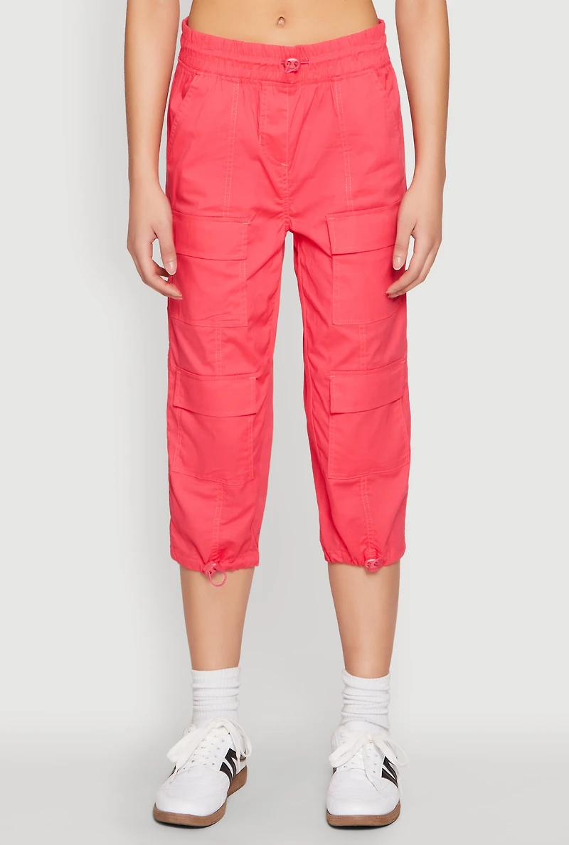 Womens Toggle Drawstring Hem Cargo Capris, Pink, Size S