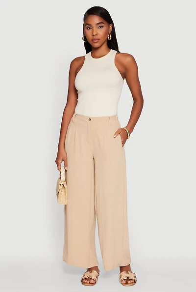 Womens Trendy High Waisted Wide-Leg Palazzo Pants, Khaki, Size XL